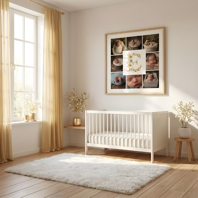 Affiche Delicate Floral Initial E 8-Photos Collage Newborn (Delicate Floral Initial E Monogram 8-Photos Collage Newborn Session Poster Design. )