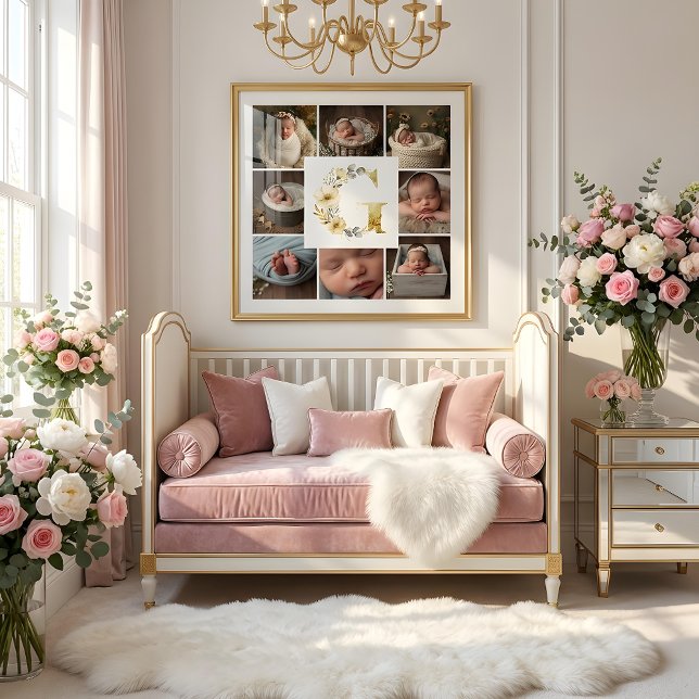 Affiche Delicate Floral Initial G 8-Photos Collage Newborn (Delicate Floral Initial G Monogram 8-Photos Collage Newborn Session Poster Design.)