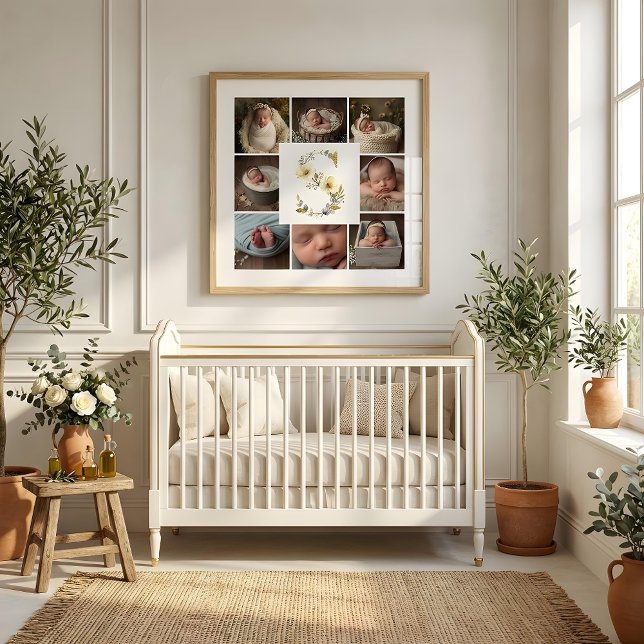 Affiche Delicate Floral Initial S 8-Photos Collage Newborn (Delicate Floral Initial S Monogram 8-Photos Collage Newborn Session Poster Design.)