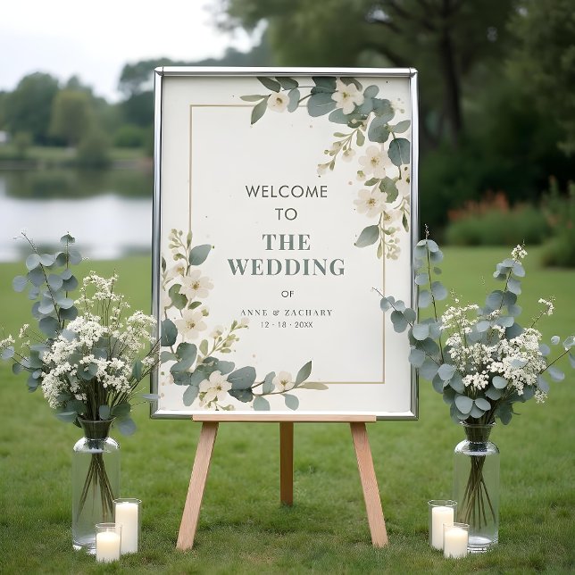 Affiche Delicate Flowers & Eucalyptus Wedding Welcome (Delicate Flowers and Eucalyptus Wedding Frame Welcome Guests Posters with Garden Inspired Design.)