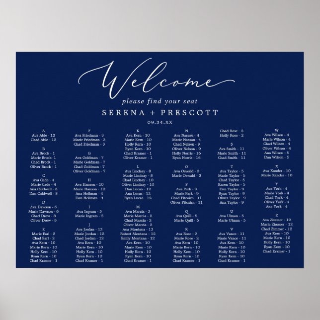 Affiche Delicate Navy Blue 130 Guests Seating Chart (Devant)