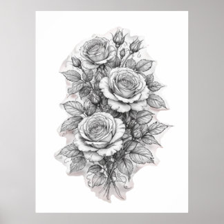Affiche Delicate Romantic Rose Bouquet Sketch 