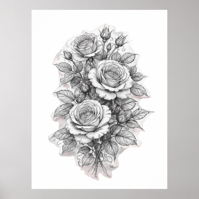 Affiche Delicate Romantic Rose Bouquet Sketch  (Devant)