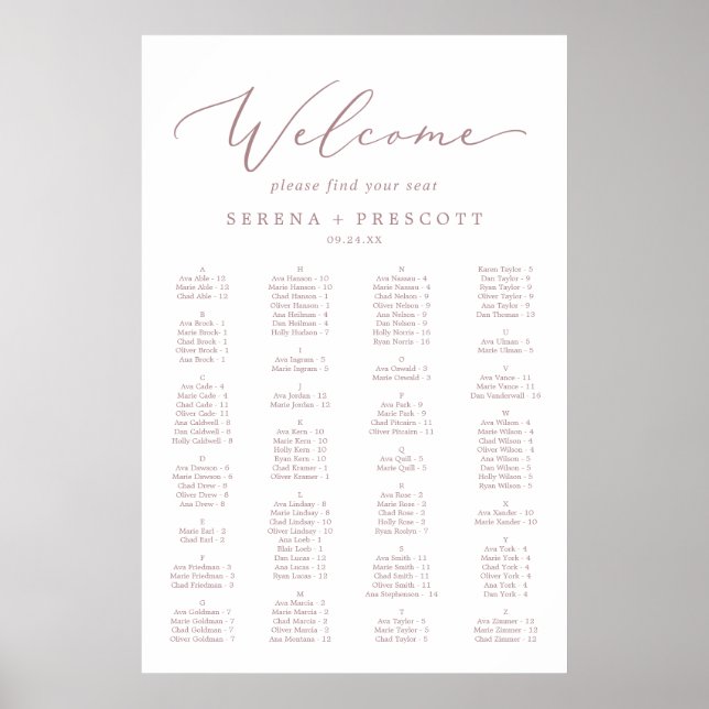 Affiche Delicate Rose Gold Alphabetical Seating Chart (Devant)