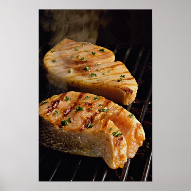 Affiche Délicieux steaks Saumons sur grill (Devant)