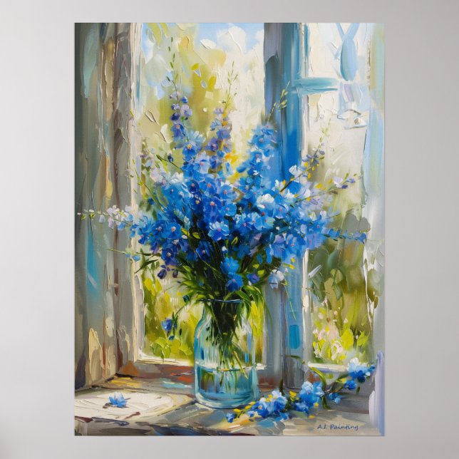 Affiche Delphiniums Bleus Dans Le Vase Par La Fenêtre A. I (Devant)