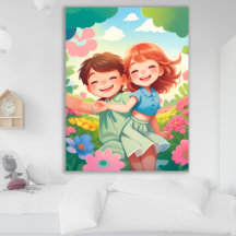 Affiche d'enfants souriants dans un jardin fleuri