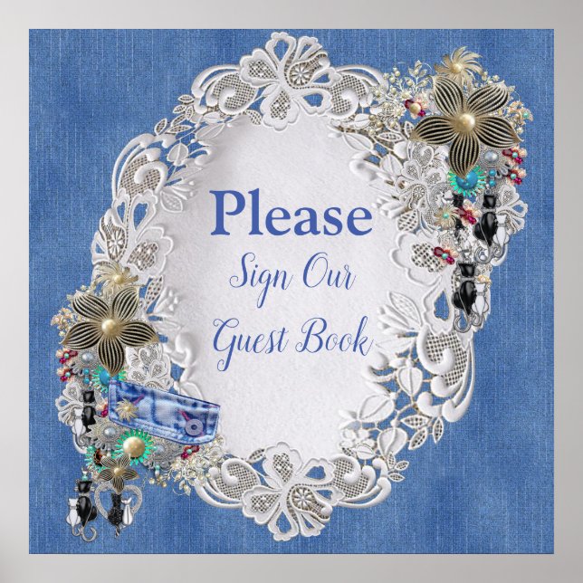 Affiche Denim avec dentelle de crème et bijoux costume (Devant)