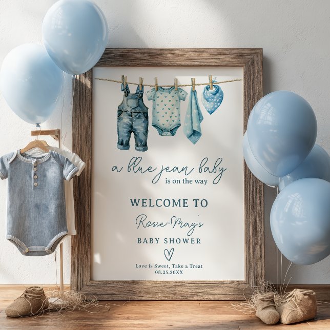 Affiche Denim Blue Jean Clothesline Baby shower Bienvenue (Denim Blue Jean Clothesline Baby Shower Welcome Poster)