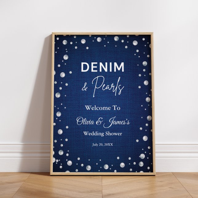 Affiche Denim Diamonds Pearls Blue Couple's Shower Bienven (Denim Diamonds Pearls Blue Couple's Shower Welcome Sign )