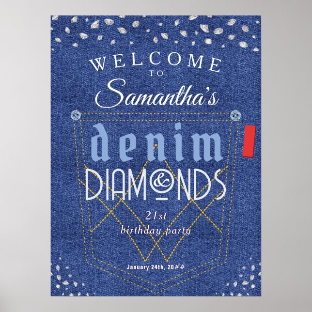 Affiche Denim et Diamonds Blue Jeans Bling Anniversaire (Devant)