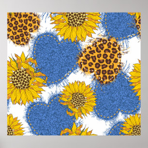 Affiche Denim Hearts Leopard Sunflowers Motif