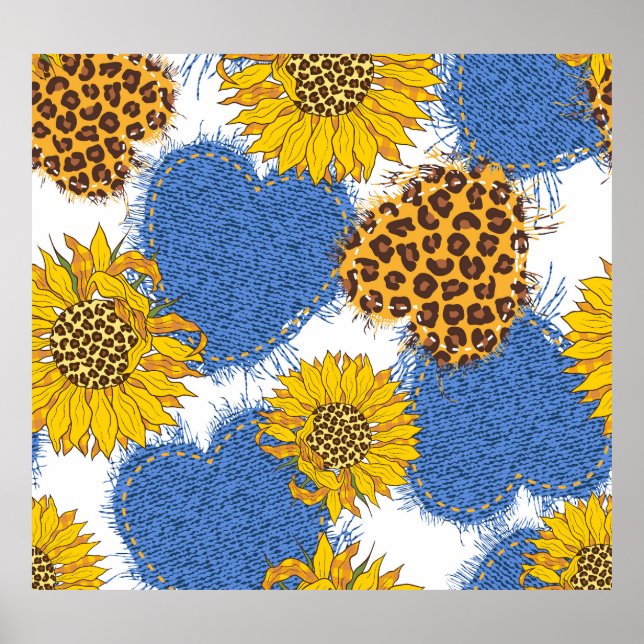 Affiche Denim Hearts Leopard Sunflowers Motif (Devant)