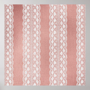 Affiche Dentelle blanc cassé sur tissu métallisé rose doré