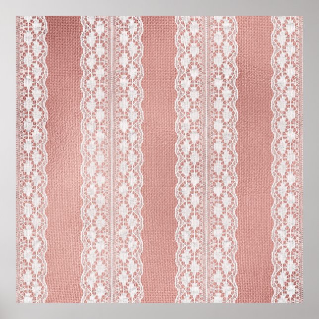 Affiche Dentelle blanc cassé sur tissu métallisé rose doré (Devant)