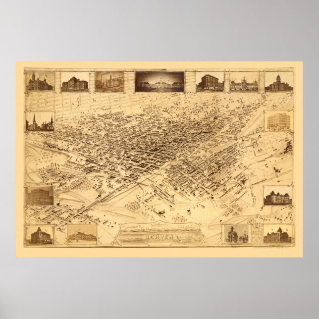 Affiche Denver, CO Carte panoramique - 1881 (Devant)