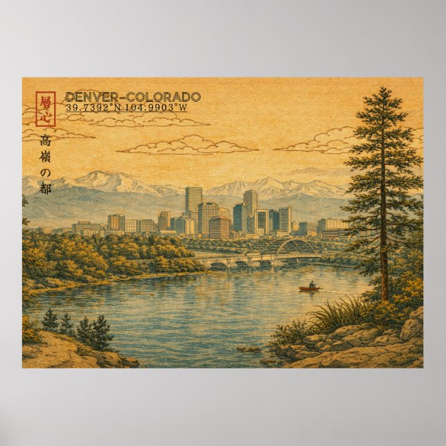 Affiche Denver Colorado Skyline in Japanese Ukiyo-e (Devant)