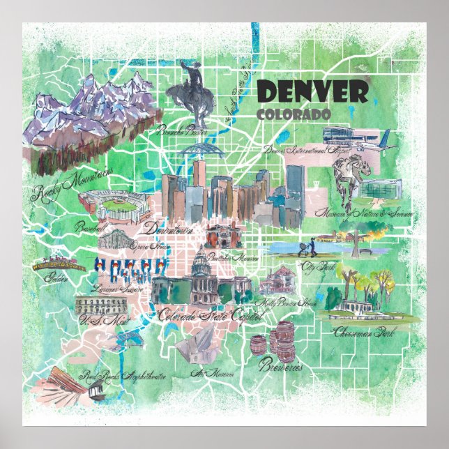 Affiche Denver Colorado USA Carte illustrée avec Main Road (Devant)