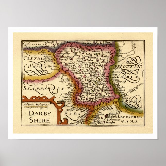 Affiche Derbyshire (Darbyshire) Comté Angleterre Carte ant (Devant)