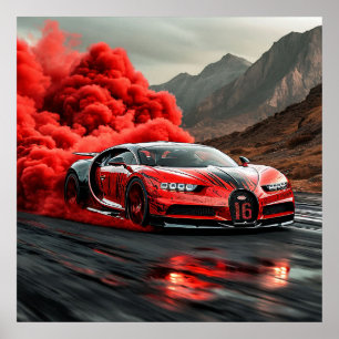 Affiche Dérive de vitesse de fumée de supercar rouge mouve