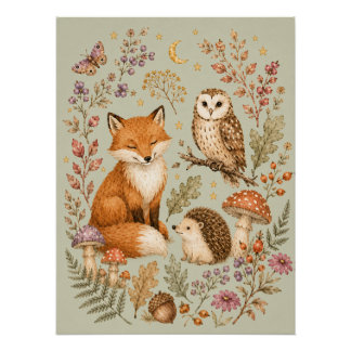 Affiche des amis de la forêt Fox, Hibou et Hérisso