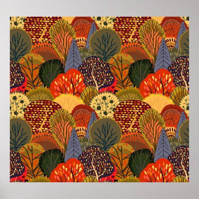 Affiche Des arbres d'automne stylisés, des motifs de forêt (Devant)
