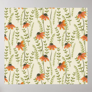 Affiche Des fougères vertes, des fleurs oranges, de la nat