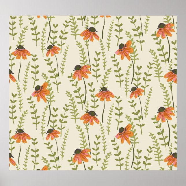 Affiche Des fougères vertes, des fleurs oranges, de la nat (Devant)