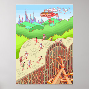 Affiche Des gens traversant un pont en bois.