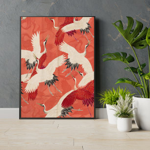 Affiche Des grues japonaises Brûlent Orange Kimono Tissu A
