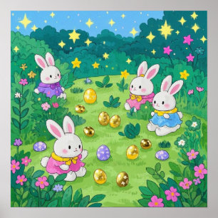 Affiche Des lapins de caricature cachant des oeufs dans un