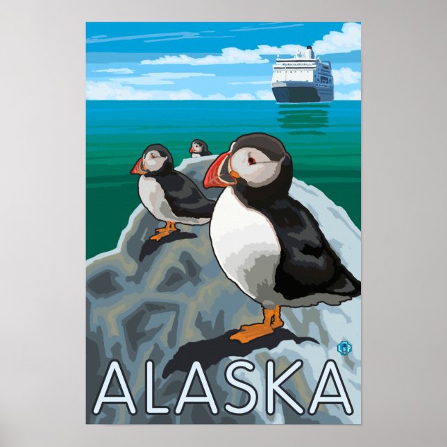 Affiche Des macareux regardent un bateau de croisière (Devant)