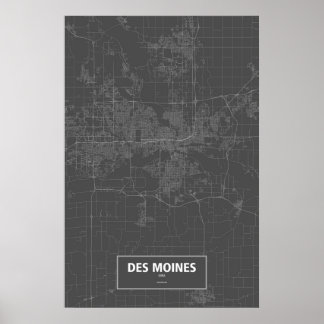 Affiche Des Moines, Iowa (blanc sur noir)