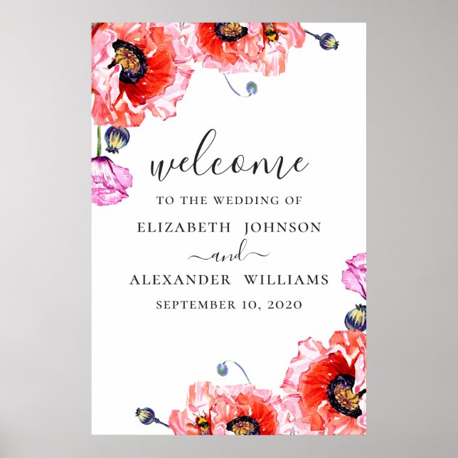 Affiche Des pavots. Aquarelle rouge floral mariage bienven (Devant)