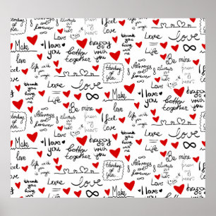 Affiche Des phrases d'amour, des coeurs de gribouillis, de