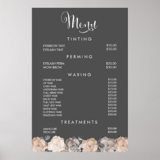 Affiche des prix du menu de la coiffeuse du salon
