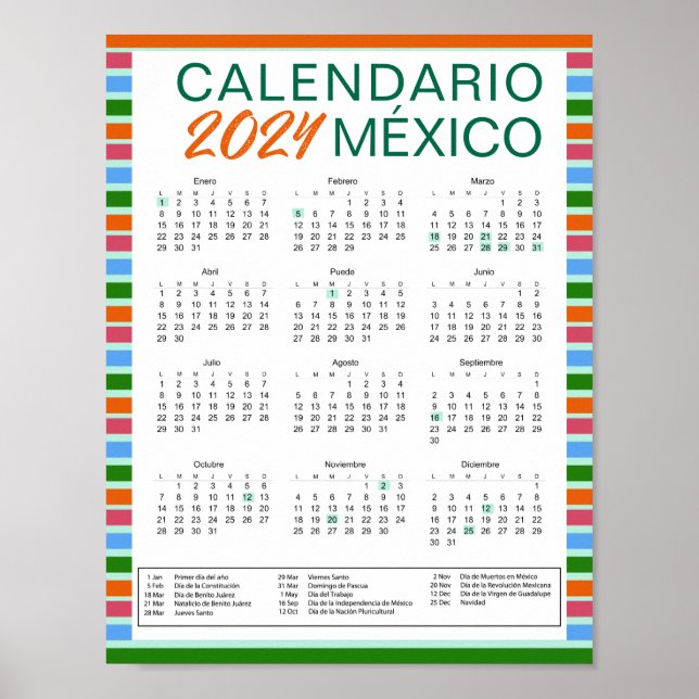 Affiche Descargar Calendario Mexicano Español 2024 México (Devant)