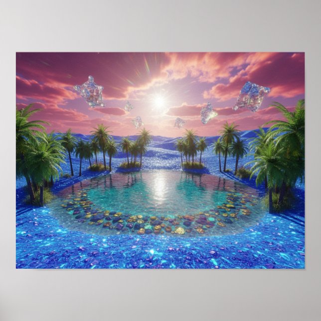 Affiche Désert bleu néon et cristaux flottants (Devant)