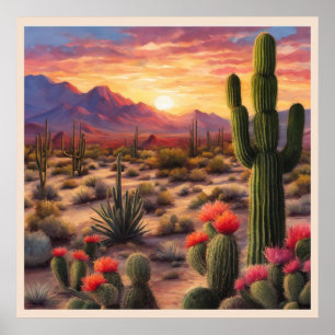 Affiche Desert Blooming Cactus Colorant Sunrise Art