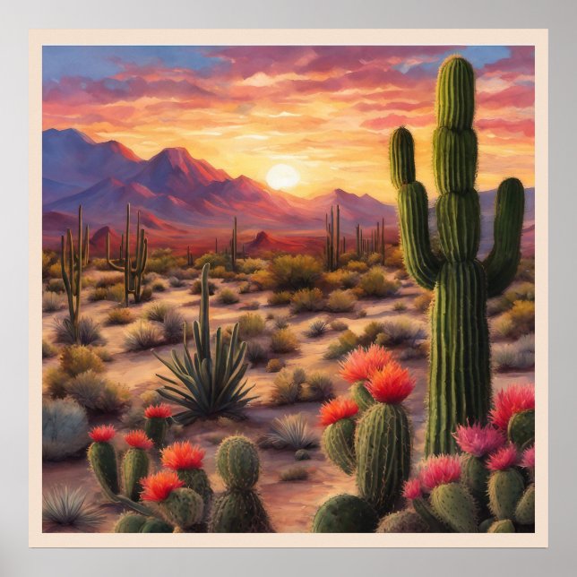 Affiche Desert Blooming Cactus Colorant Sunrise Art (Devant)