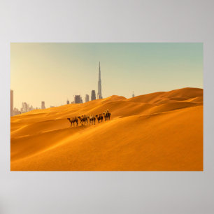 Affiche Deserts   Dubai's Skyline View with Camels