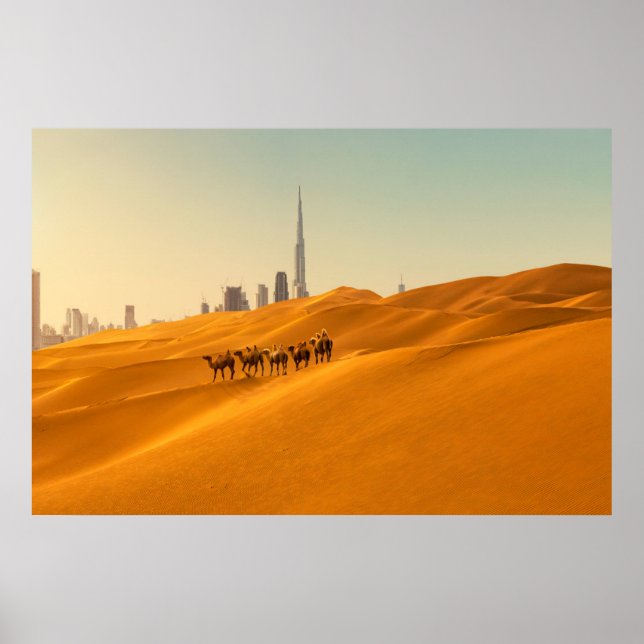Affiche Deserts | Dubai's Skyline View with Camels (Devant)
