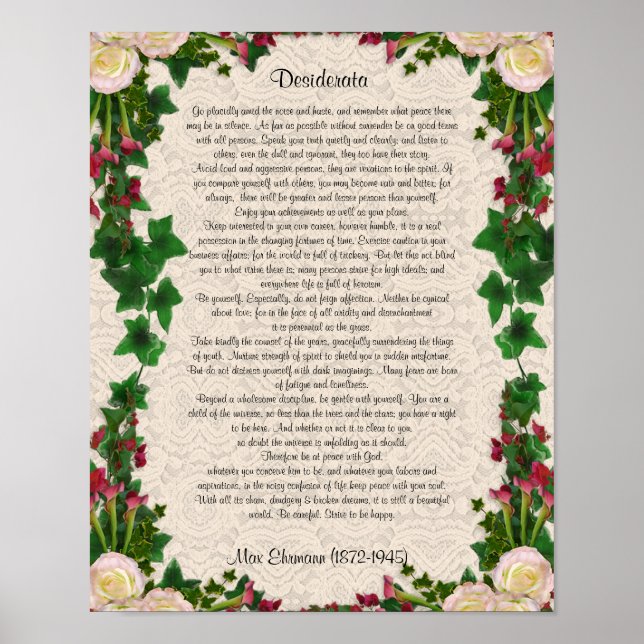 Affiche Desiderata "choses désirées", prose fleurs exotiqu (Devant)