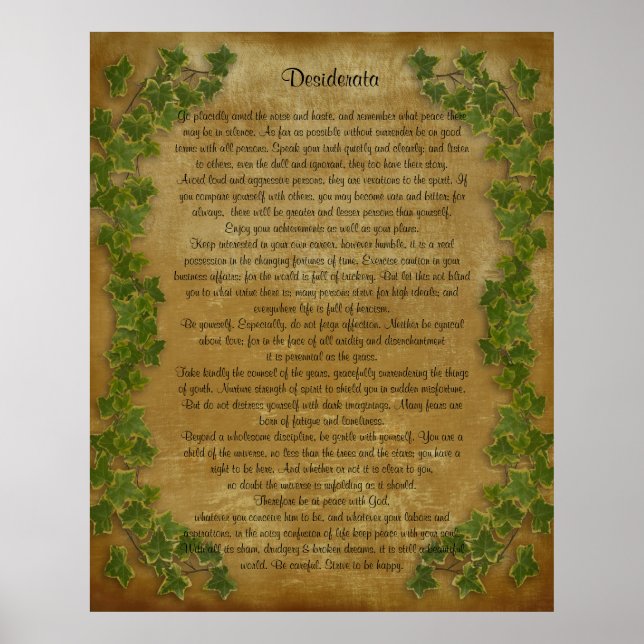 Affiche Desiderata prose Gros lierre sur parchemin (Devant)