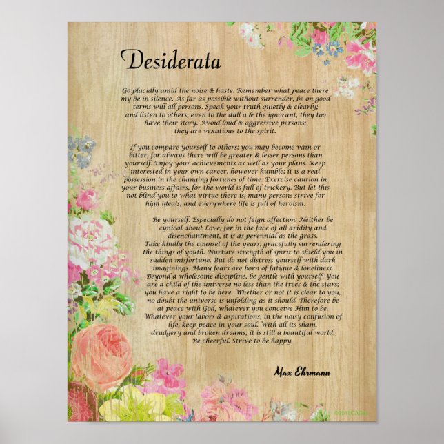 Affiche Desiderata sur panneau en bois rustique avec garni (Devant)