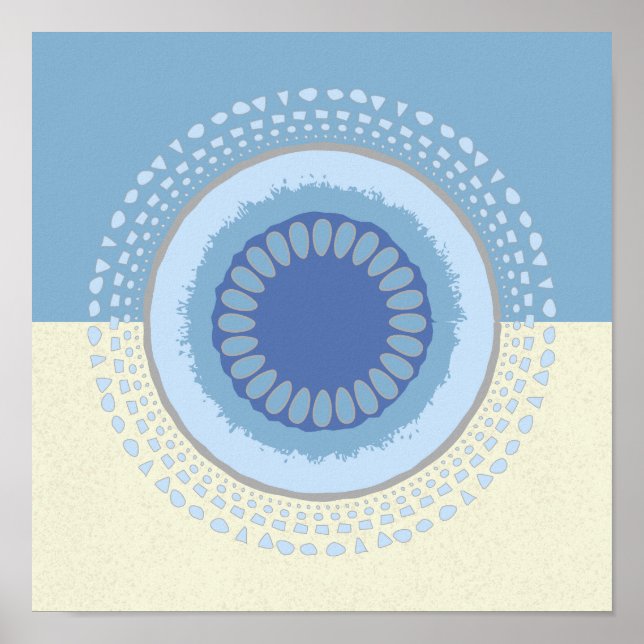 Affiche Design circulaire à fleurs bleu et crème Abstrait  (Devant)