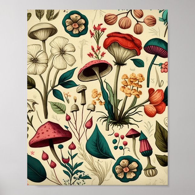 Affiche Design classique de champignons et de fleurs haut  (Devant)