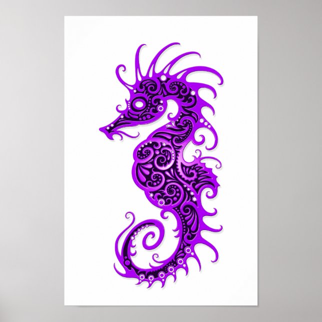 Affiche Design complexe de cheval de mer violet sur blanc (Devant)