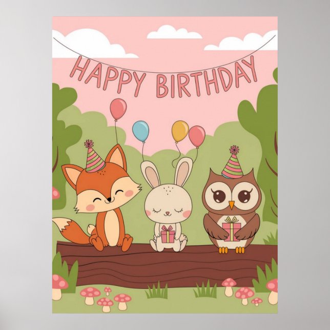 Affiche Design d'anniversaire des enfants mignons avec ren (Devant)