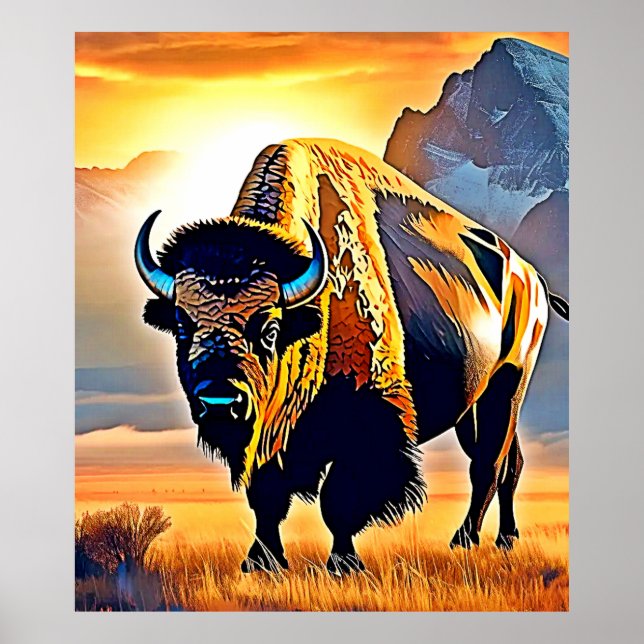 Affiche Design d'art Sunset Mountain Bison (Devant)